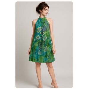 Blooming Rose Dress Blue Green Floral Pleated Halter Lined Womens Size 14